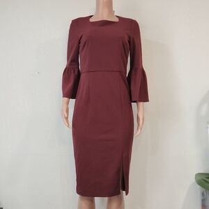 Donna Morgan Crew Neck Circular Flounce Sleeve Solid Crepe Dress Sz 6